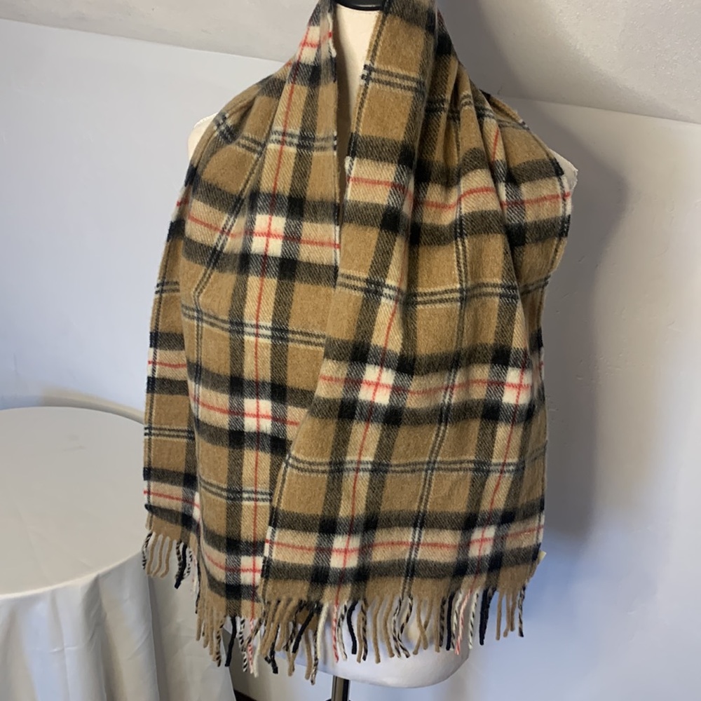 John Hanley & Co NWT Woolen Mills Lambswool Scarf NWT Tan Black Red - Picture 7 of 8